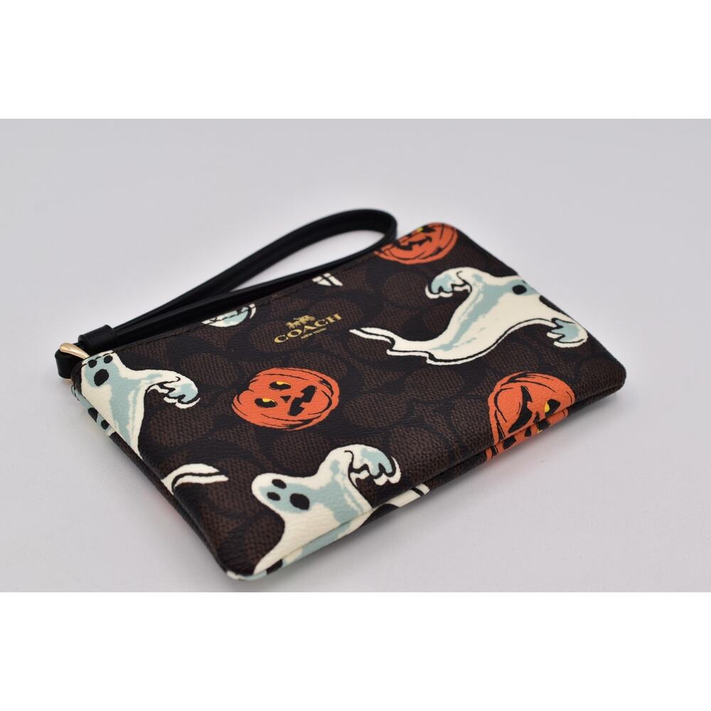 Coach Corner Zip Wristlet In Signature Canvas With Halloween Print Walnut Ghost - Picture 10 of 16